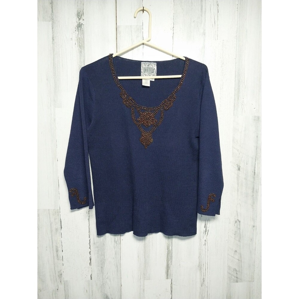 Curio Sweater Women's Small Blue Beaded 3/4 Sleeve